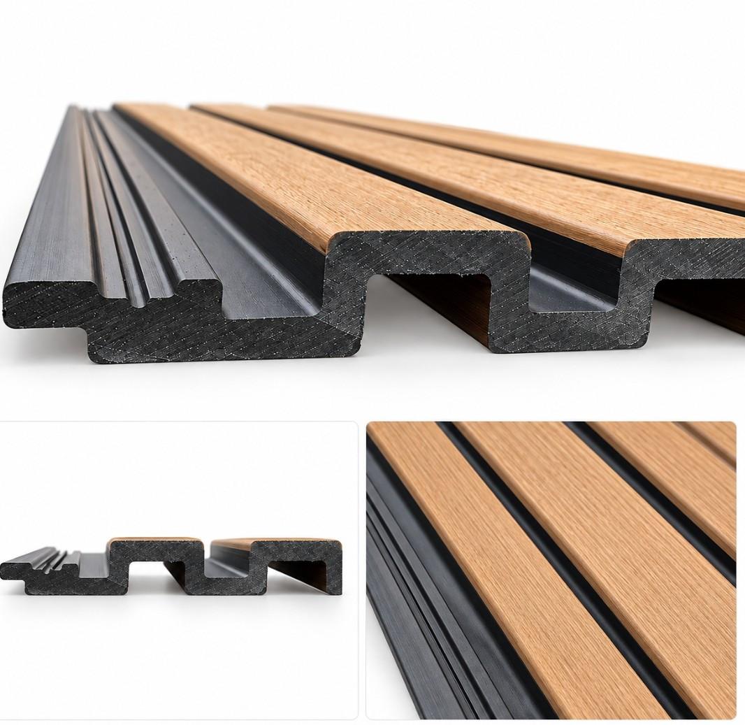 60 stuks composiet gevelpanelen teak/zwart, 290 cm, 34,8 m²