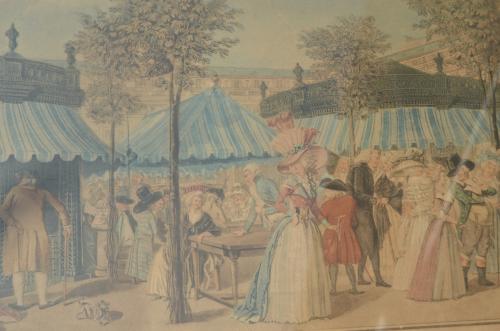 Franse gravure/ets ca 1787 'The Palais Royal Garden's Walk'