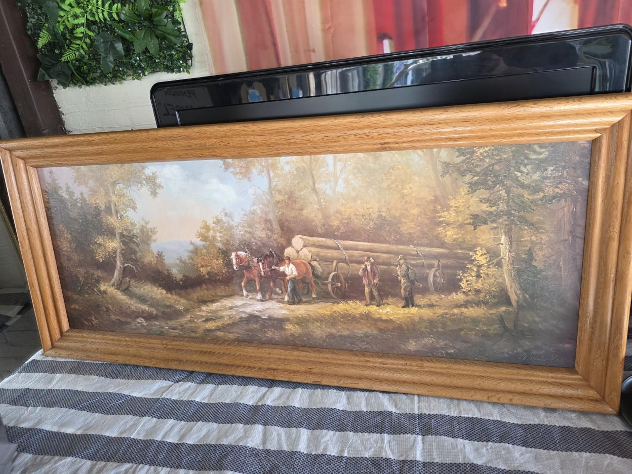 Klassiek schilderij van een houttransport met paarden en mannen 120x50 cm