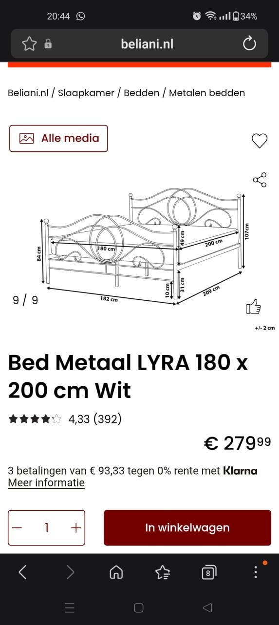 Wit metalen bed 1.80x2.00