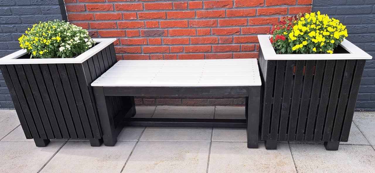 Mooie, stevige tuinbank incl. 2 plantenbakken - strak design