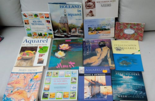 Aquarel boeken, palet en tekenstift+atelier