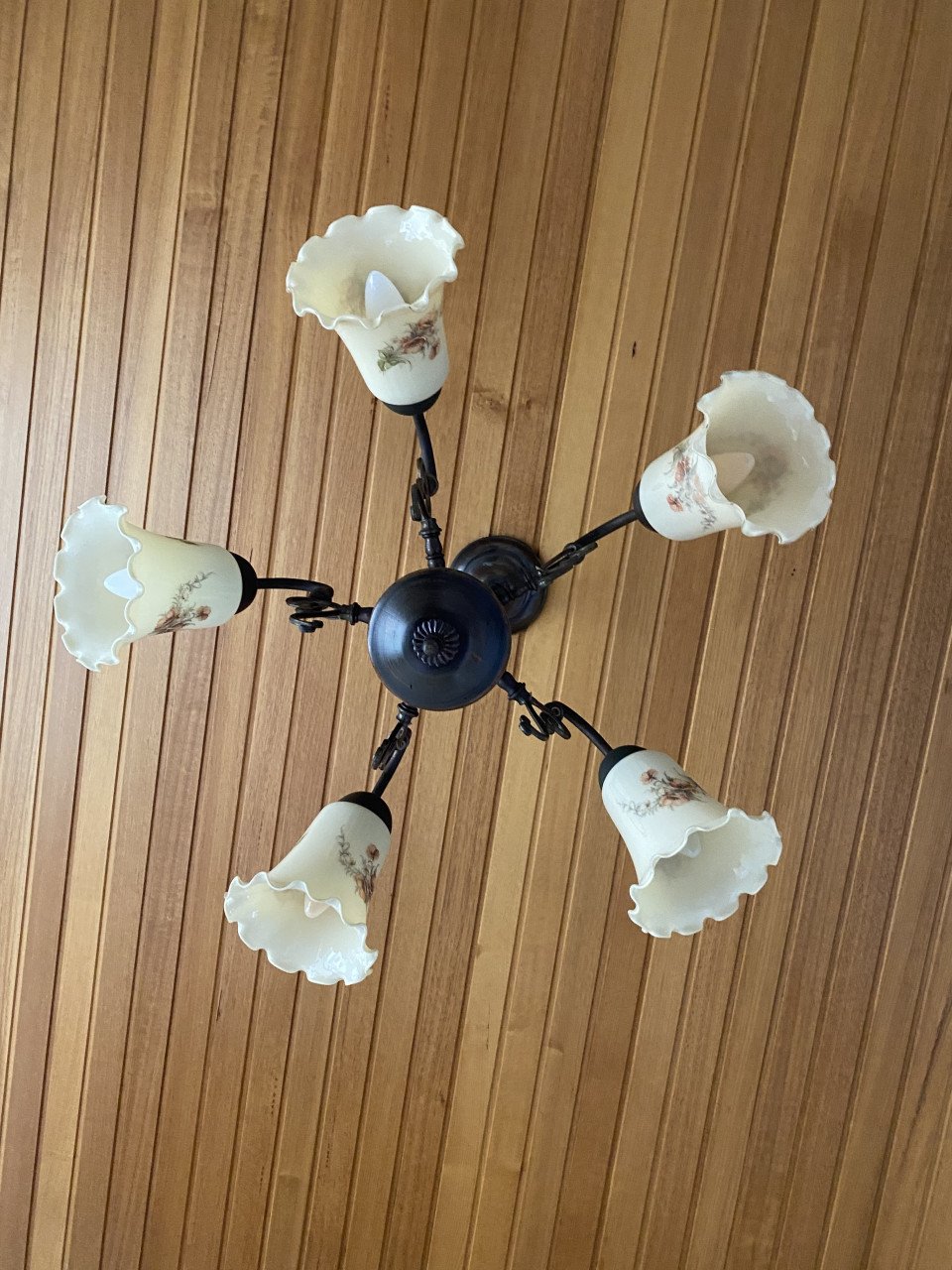 Vintage lamp met 5 glazen kapjes (zeker 60 jaar oud)