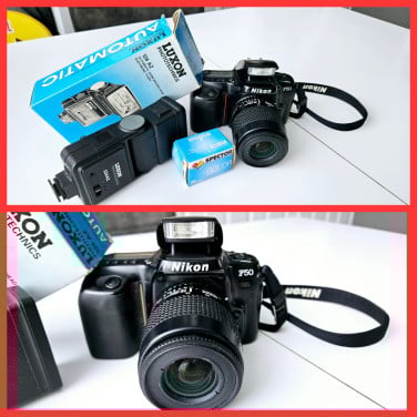 Nikon F50 analoge camera met lens + flitser + filmrolletje