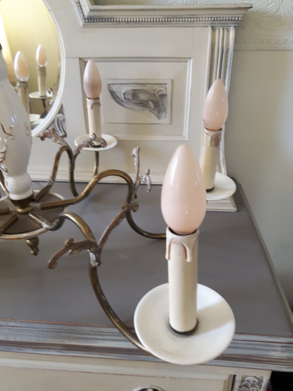 Brocante Engels porseleinen kroonluchter met roosjes