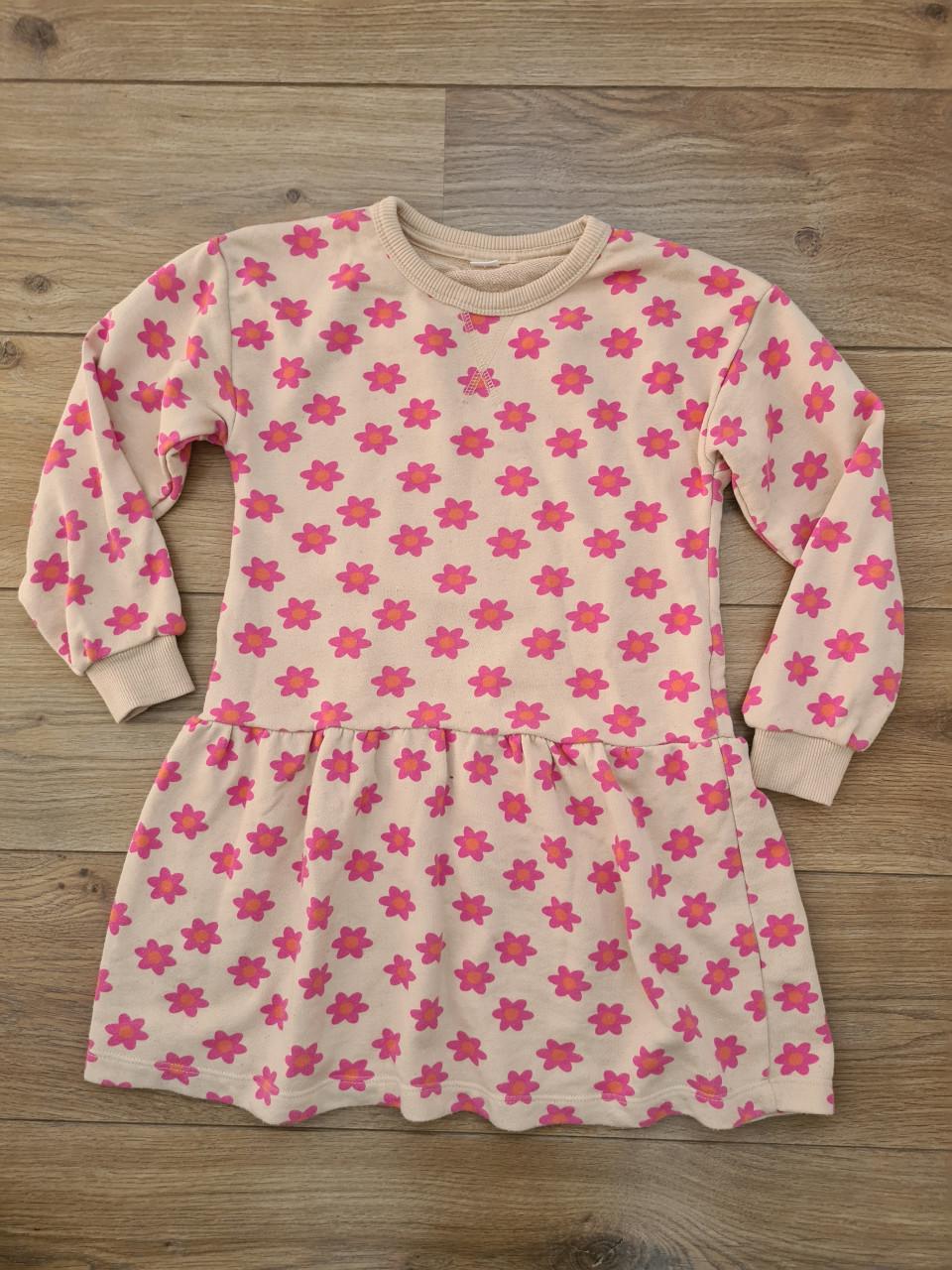 Beige met roze bloemen jurk van Zeeman  - Maat 122-128