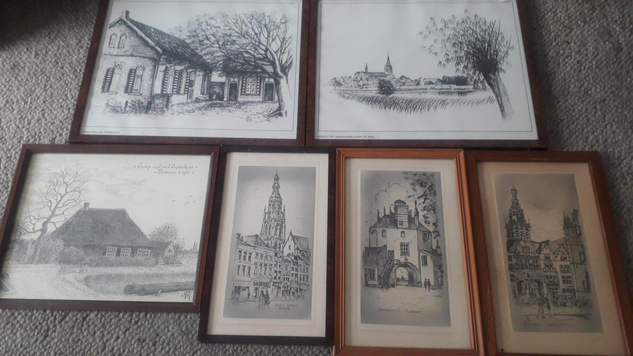 Partij tekeningen en schilderijtjes