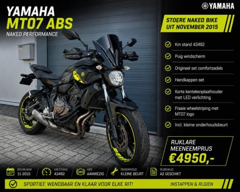 Yamaha MT07 uit nov 2015 met 43 dkm, comfortzadels, handkappen etc €4950,-