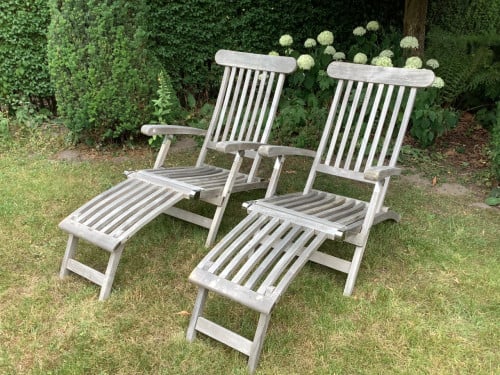 2 ligstoelen tuinstoelen deckchairs teak met gratis kussens