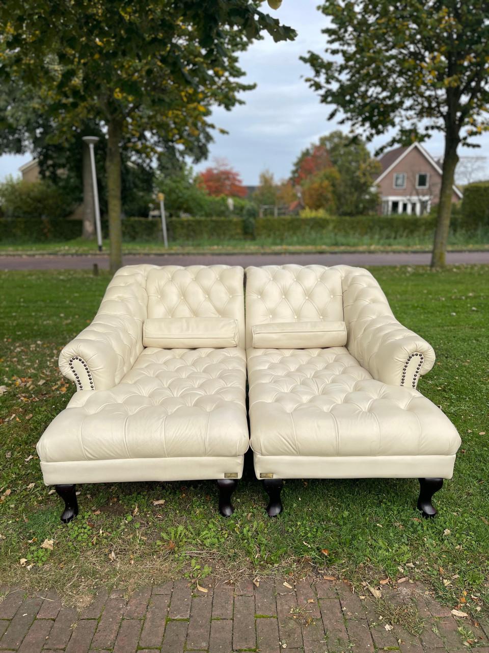 Chesterfield Chaise Lounge Set -Tijdloos Echt Leer Design-Luxe Uitstraling