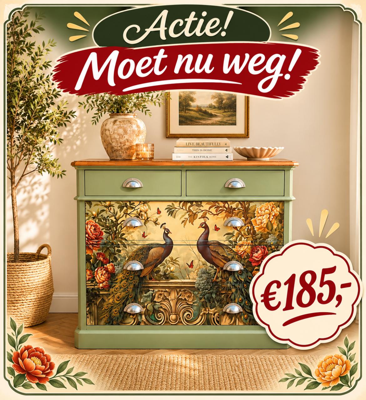 Unieke ladekast met pauwen decoupage