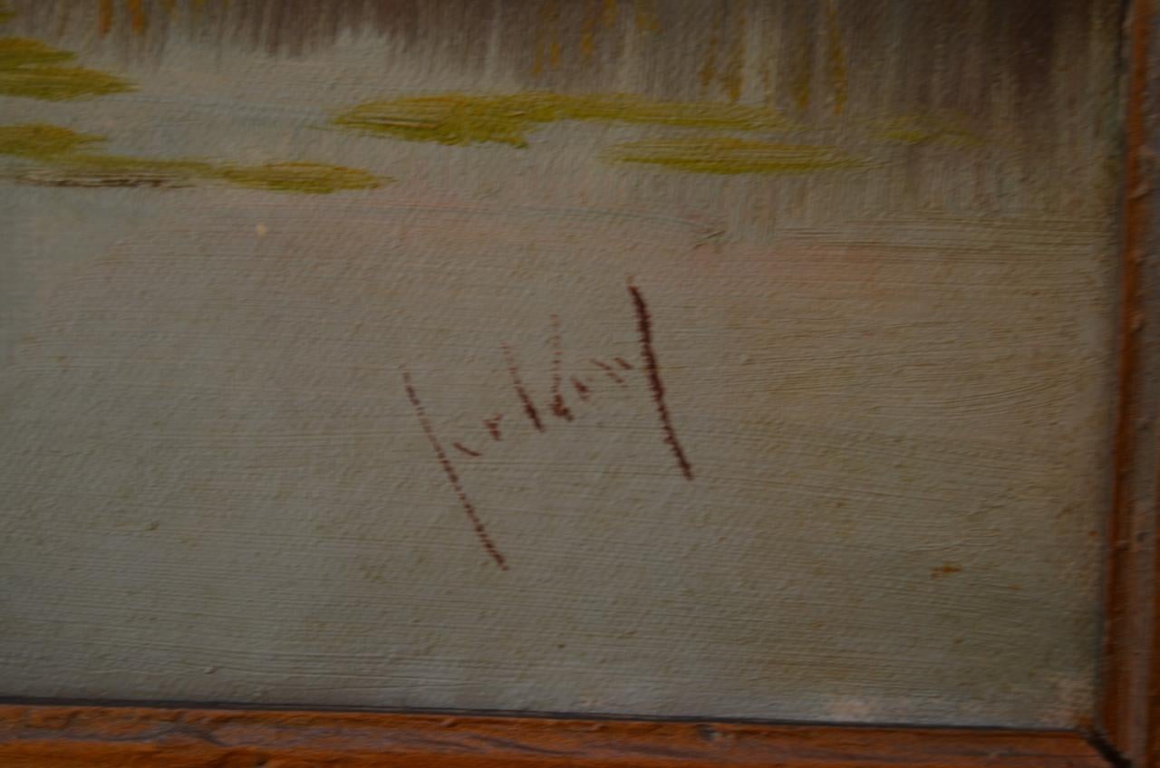 Een bootje in rivierlandschap, gesigneerd