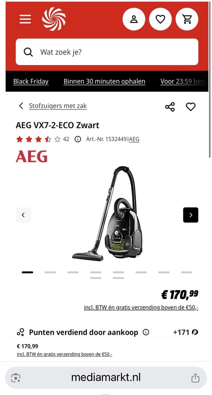 AEG VX7-2-ECO stofzuiger Zwart nieuwprijs €171,-