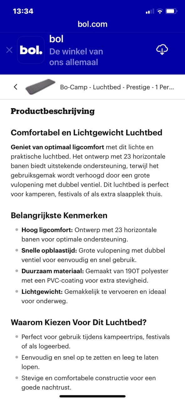 Kampeer 1 persoons matras en kussen Bo-camp