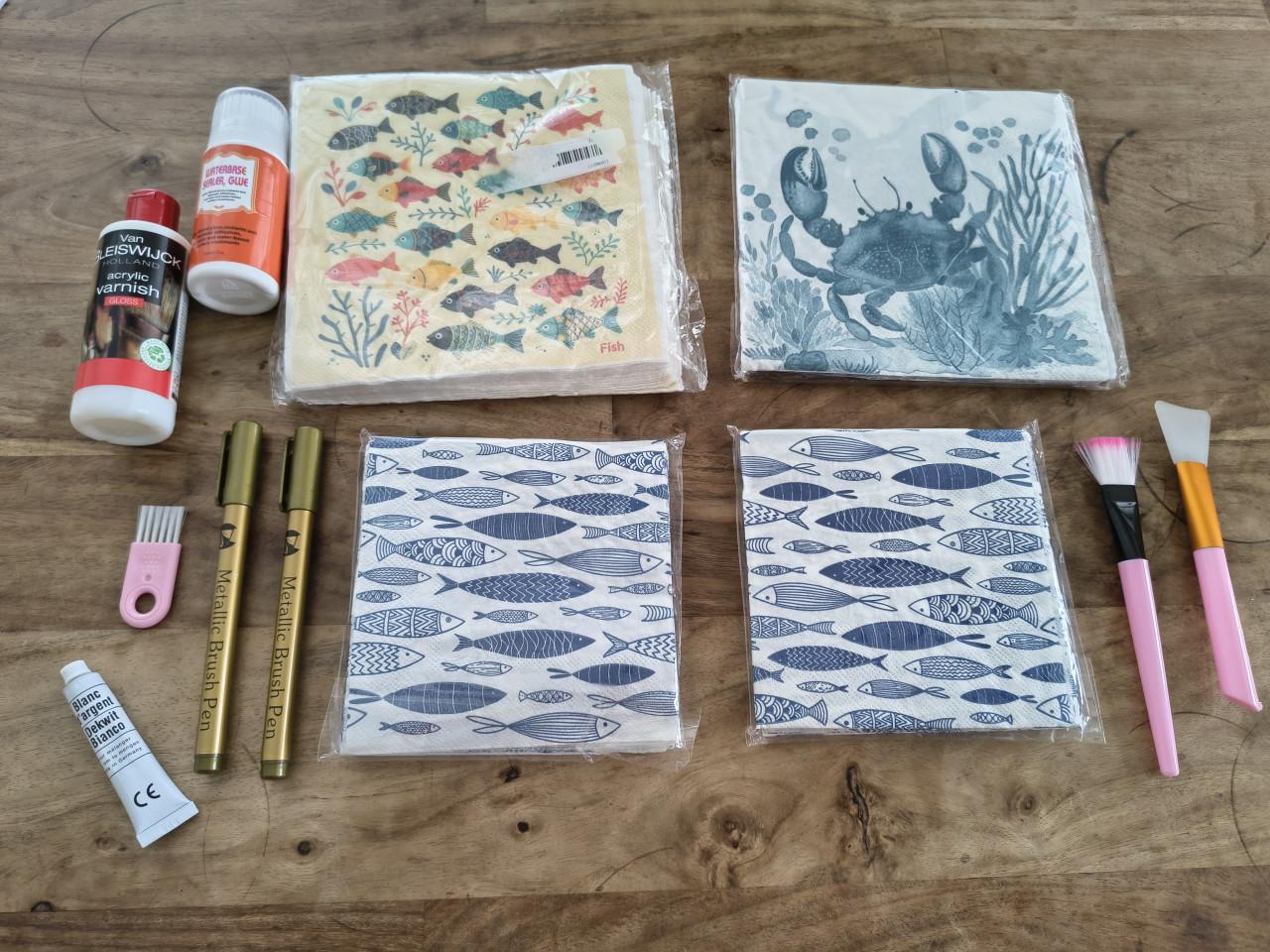Complete decoupage set, decoupage vissen zee, goud, blauw.