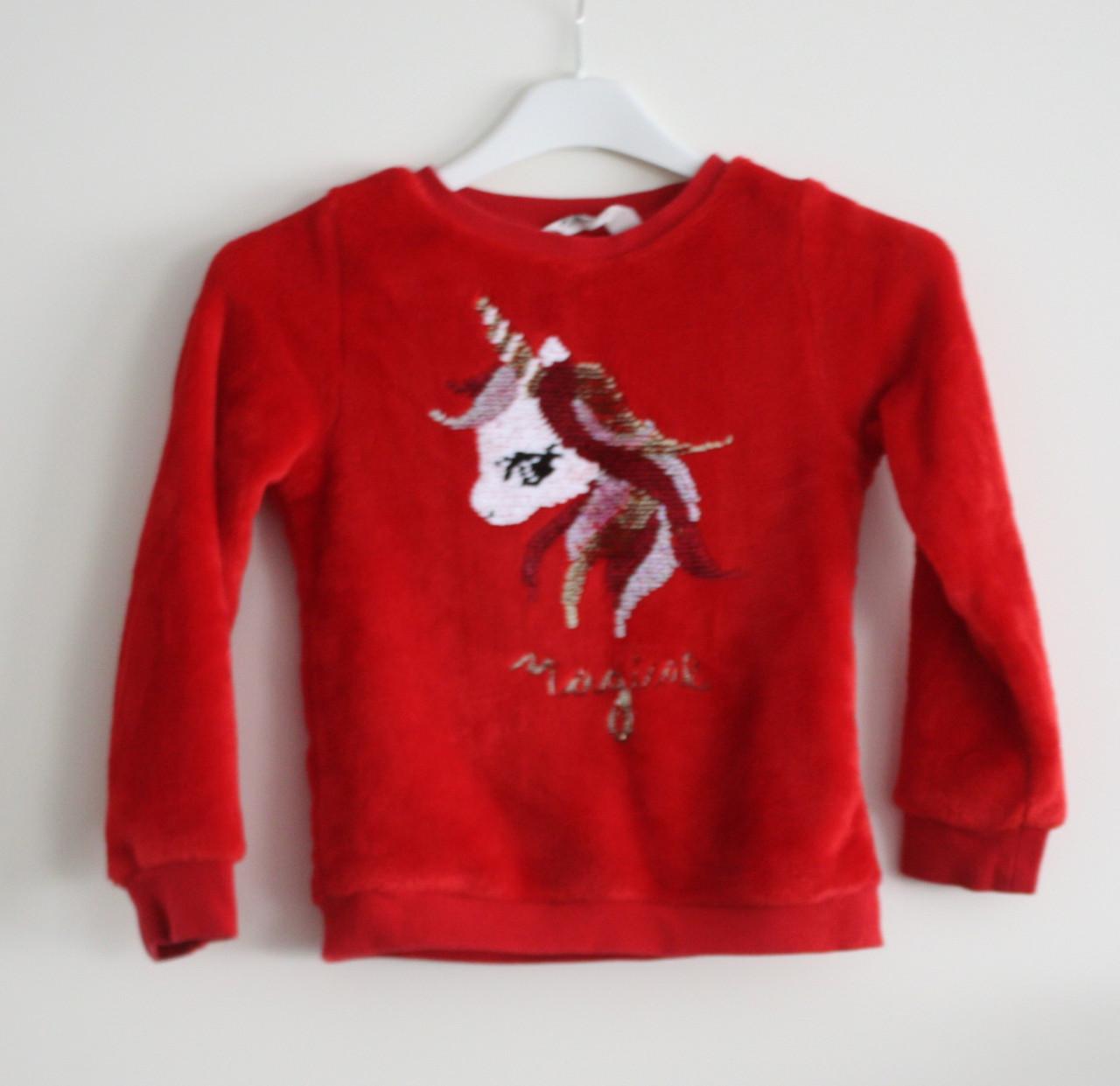 Rode flace trui met eenhoorn pailletten maat110-116