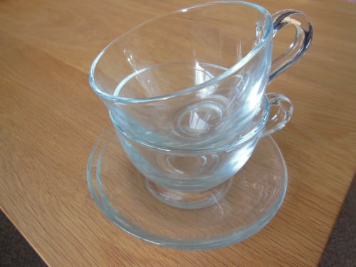 Kop en Schotels van glas