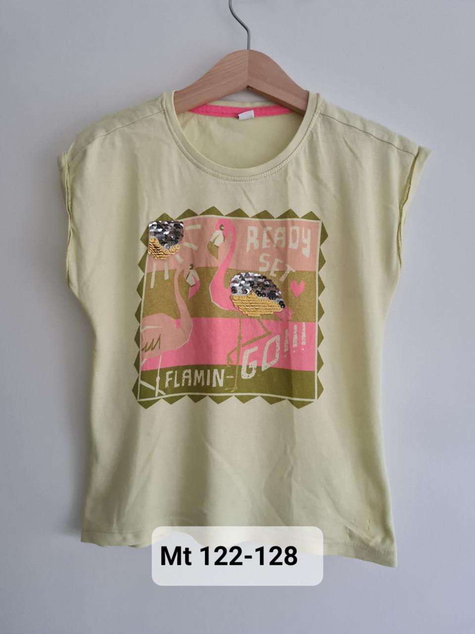 Licht geel shirt met flamingo's  Mt 122-128