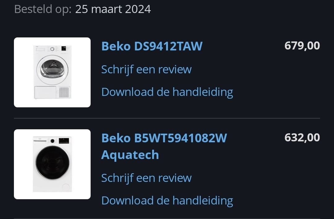 Complete set: Beko wasmachine + droger + tussenstuk