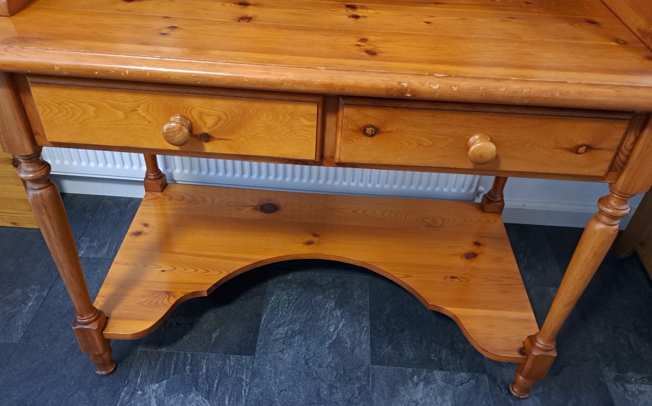 Mooie vintage, massief grenen kaptafel met opzetstuk en spiegel