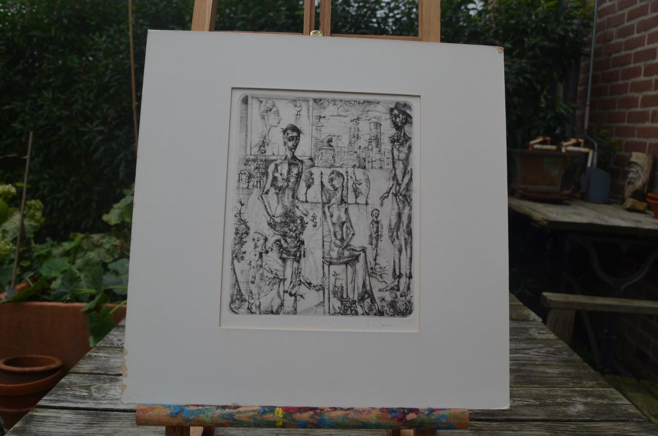 Ets/grafiek uitgemergelde mensen gesig. Jansen + 2 schetsen