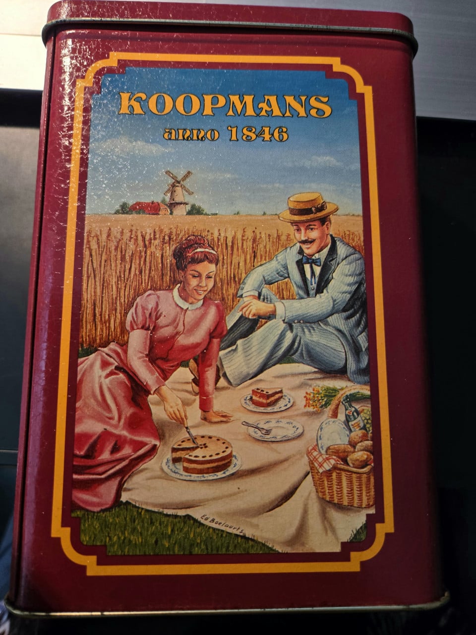 Vintage rechthoekige voorraadblik van Koopmans 18x12x8cm Geheel deukvrij.