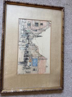 Gekleurde krijttekening van de Langeviele te Middelburg