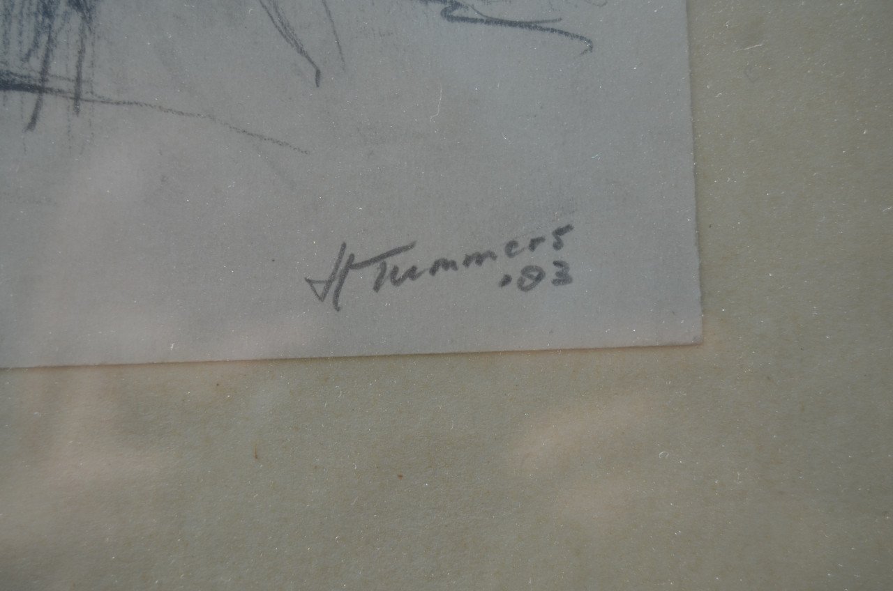 Houtskooltekening (?) schapen, mishandeld zo te zien, door H. Tummers 1983