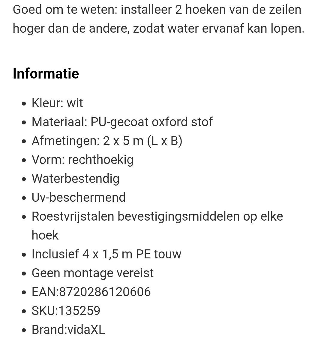 Schaduwdoek/zonnescherm  2 x 5 meter