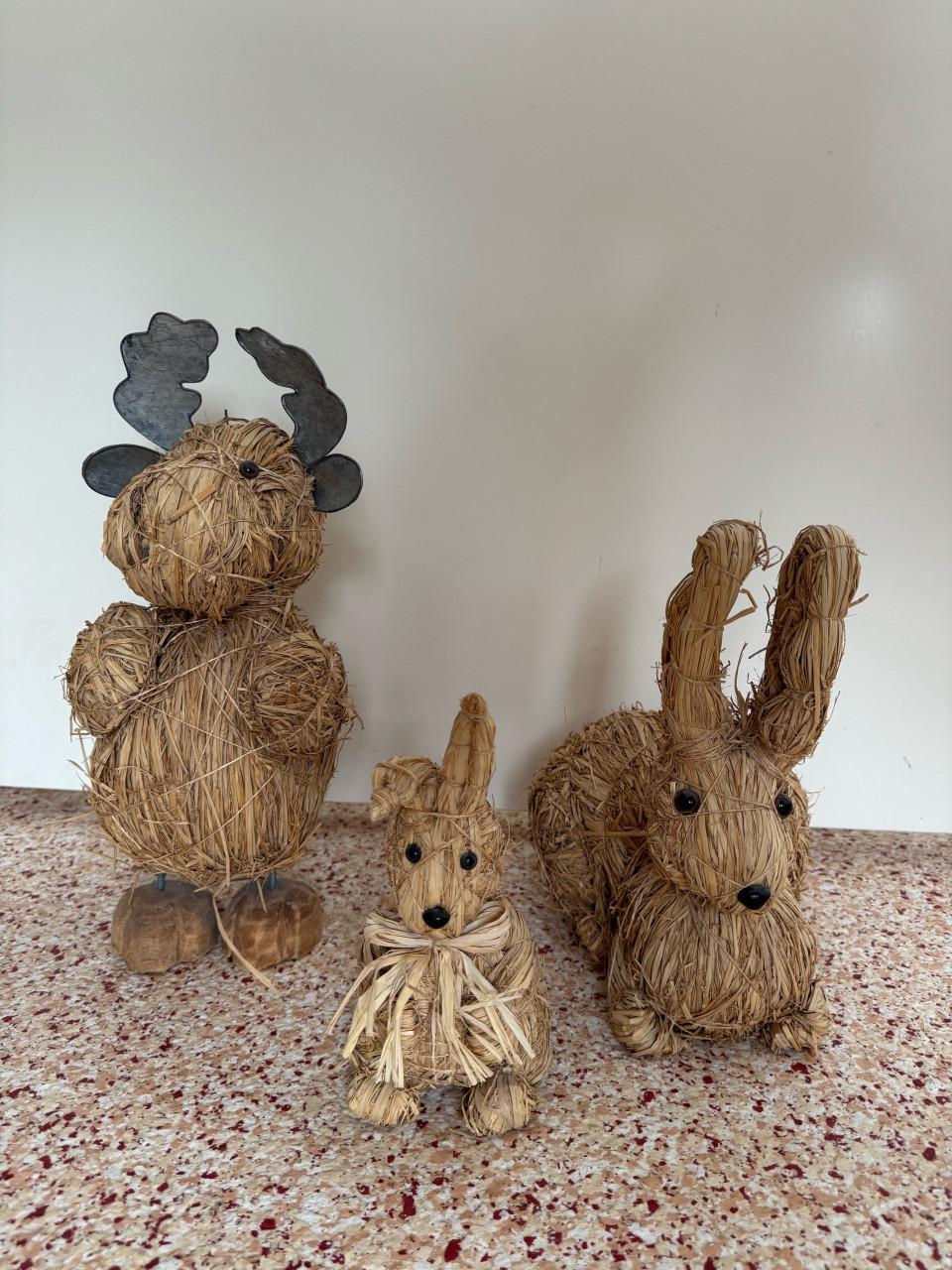 Set van 3 Vintage Decoratie Dieren van Stro