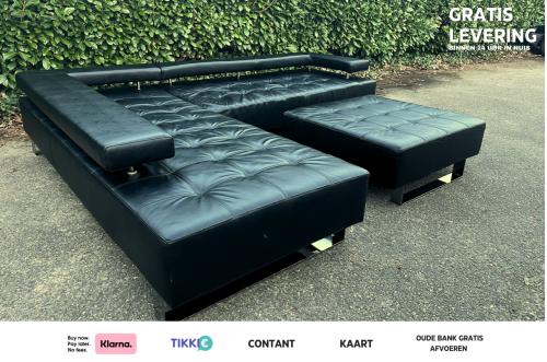 Montèl Cipriani zwart leren hoekbank met hocker en gratis levering