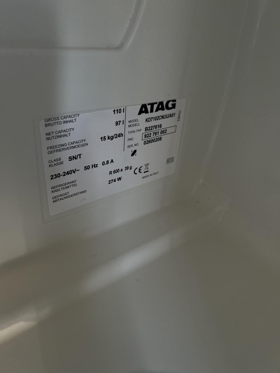 ATAG inbouw Nofrost vrieskast 102x54 cm. Inhoud vriezer 110 liter