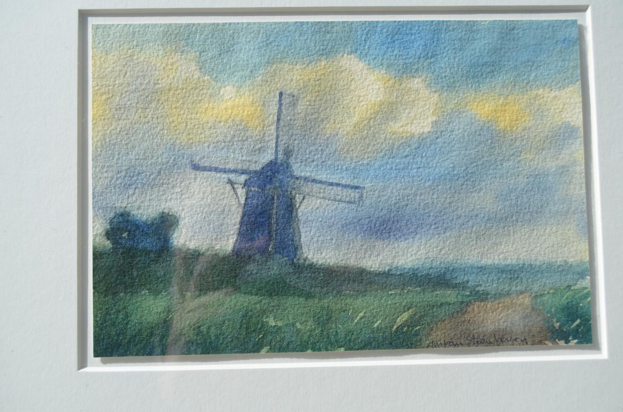 Aquarel Ton van Steenbergen Molen, gesigneerd
