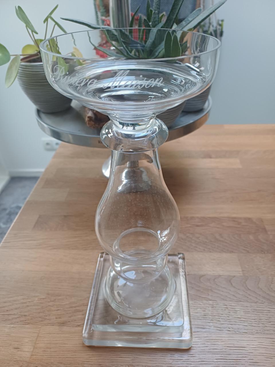 2 glazen Rivièra Maison kandelaars met GRATIS een (RM) mini stolp!