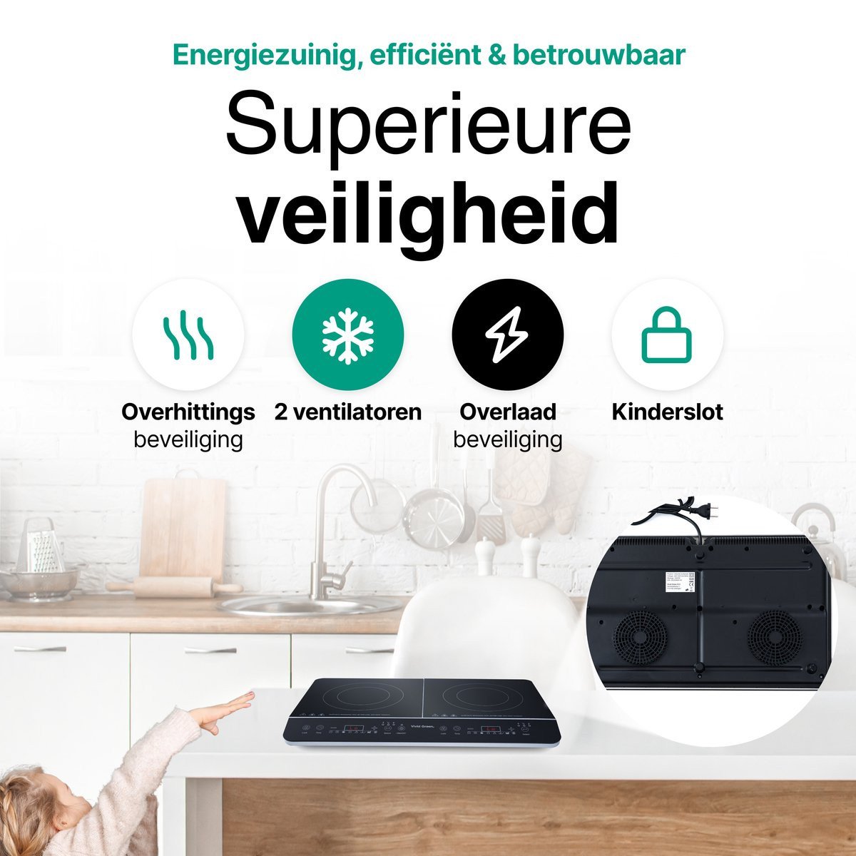 Inductie Kookplaat Vrijstaand 3500W 2 Kookzones 10 standen Vivid Green