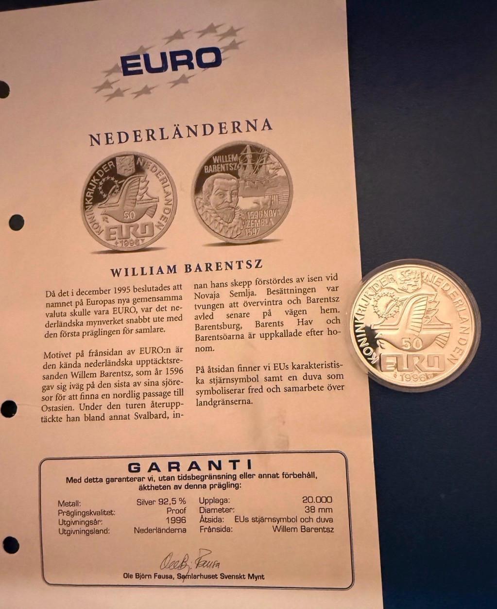 Zilveren 50 Euro munt ter herdenking van Willem Barentsz uit 1996.