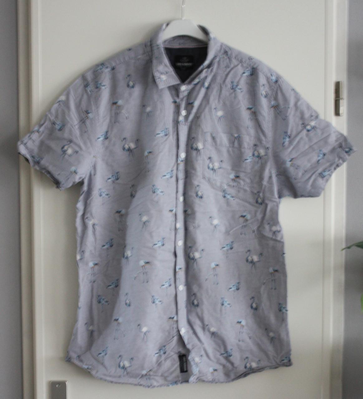 Blauw witte overhemd met flamingos print  maat xl