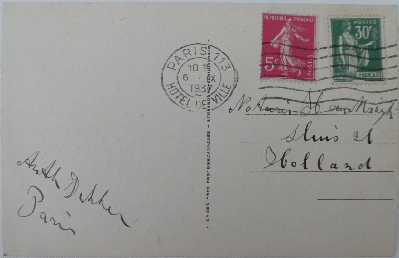 Ansichtkaart, 1937, Parijs  (verzonden naar Sluis)