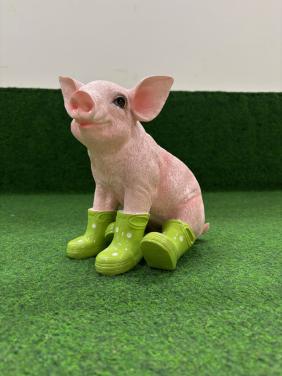 Varken zittend met groene laarzen