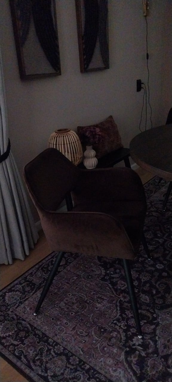 4 stoelen, bruin velours. Karwei