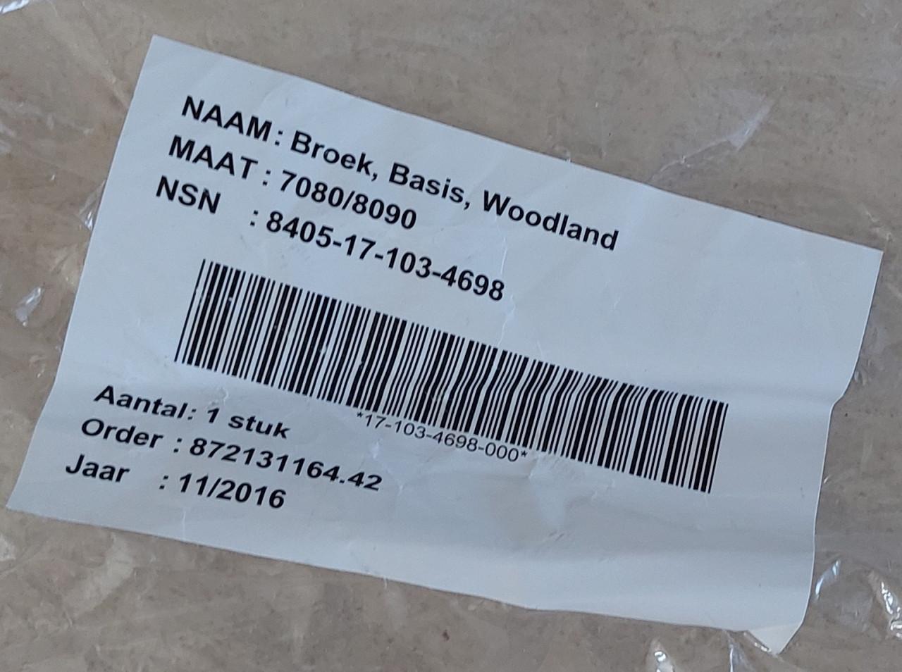 Nieuwe GEVECHTSBROEK Woodland mt 7080 / 8090 (mt 48-50)