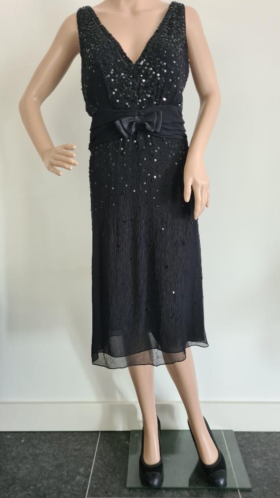 Rena Lange: Nieuw zwart zijde jurkje kraaltjes/pailletjes maat 42
