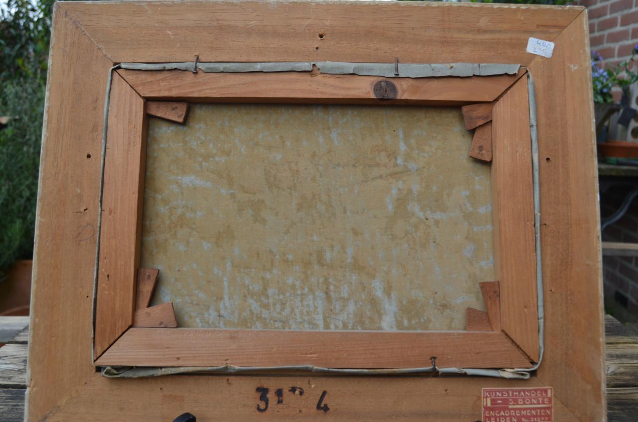 Olie op doek boerderijtje in landschap 19e eeuws.