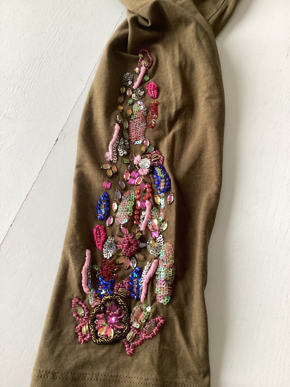 Nieuwe legging met lovertjes en kraaltjes maat L/xl khaki kleur