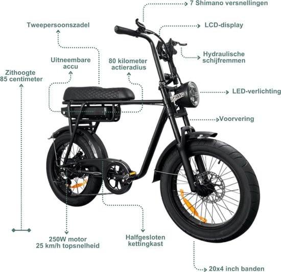7Go EB2 Fatbike - 20 inch - 250W motor - 80 km actieradius - zwart