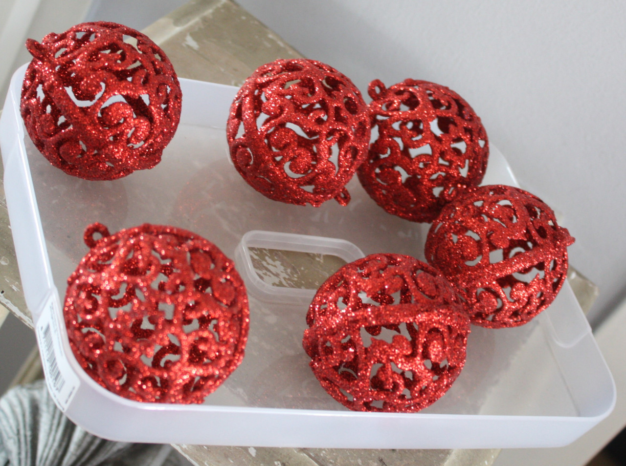 Set van 6 rode glitter kunststof barok kerstballen