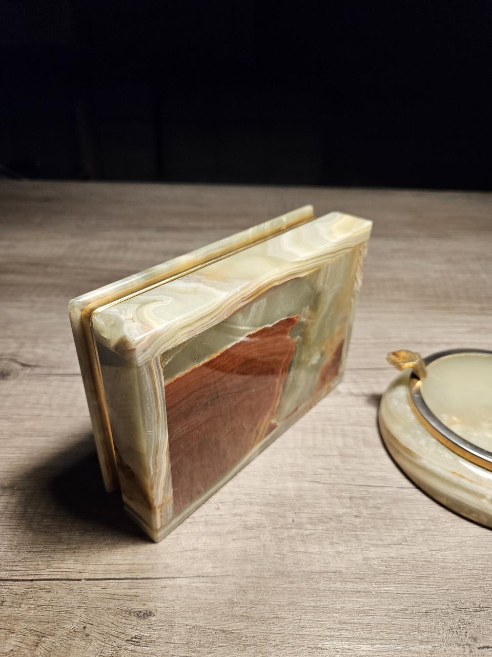 Prachtig italiaanse vintage set marmer/onyx, kistje en asbak