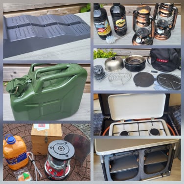 Aangepast: Foetsie kachel, kast, leveler, cobb, gasstel jerrycan, peutlamp