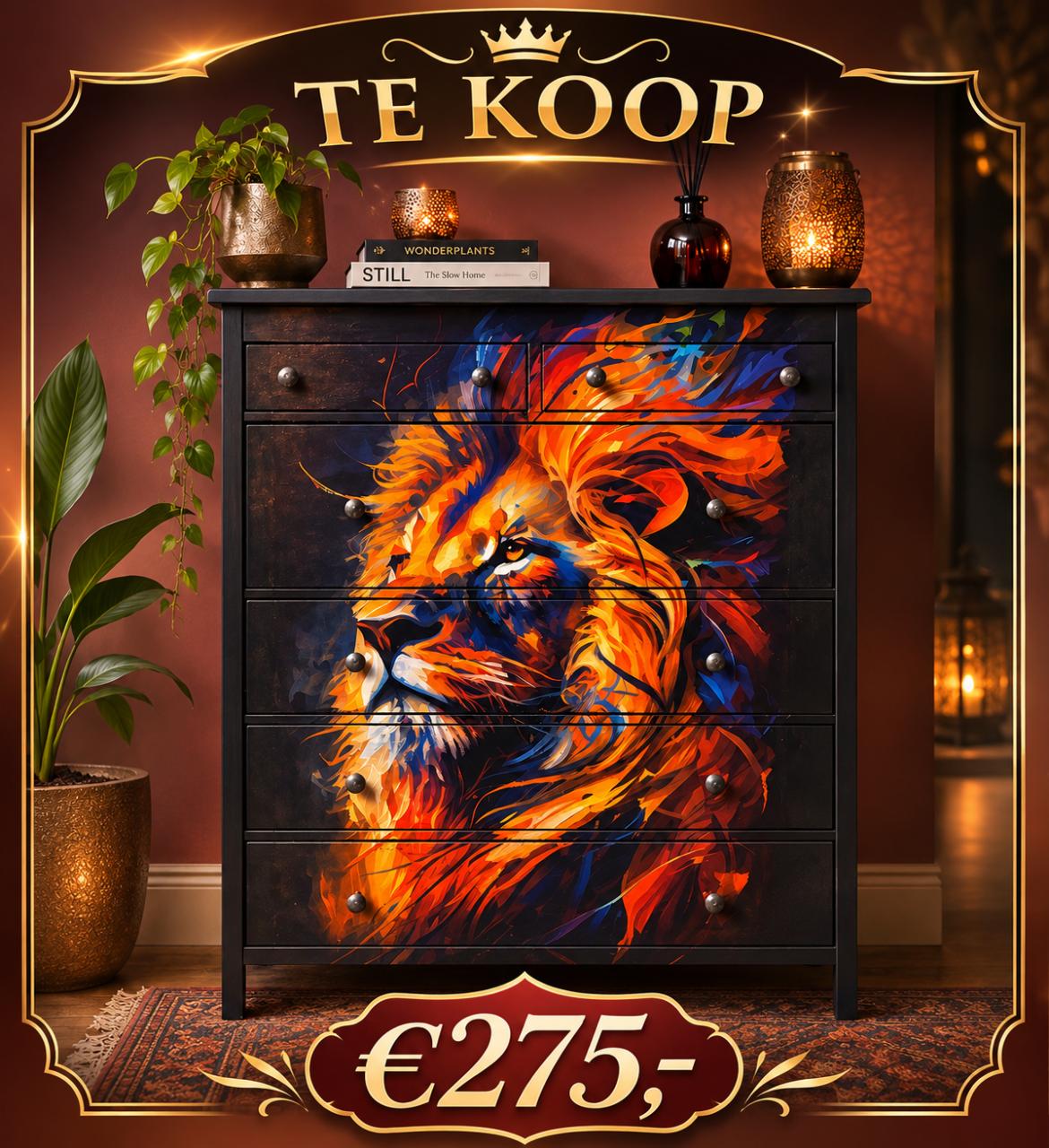 Unieke Ladekast met leeuw decoupage