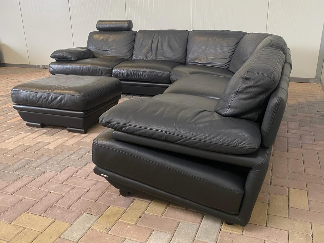 Natuzzi Plaza Hoekbank met Hocker–Echt Zwart Leer–Luxe Lounge Comfort